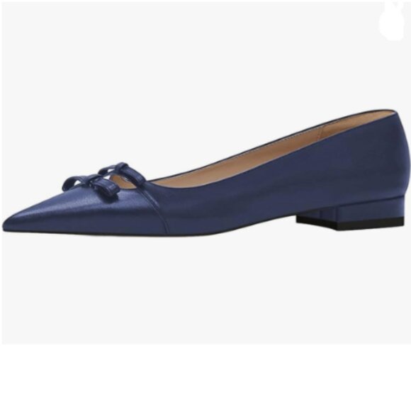 XYD Navy Basic Casual Dress Pointed Toe Bow Knot Low Heel Chunky Slip On Shoes - Picture 1 of 8